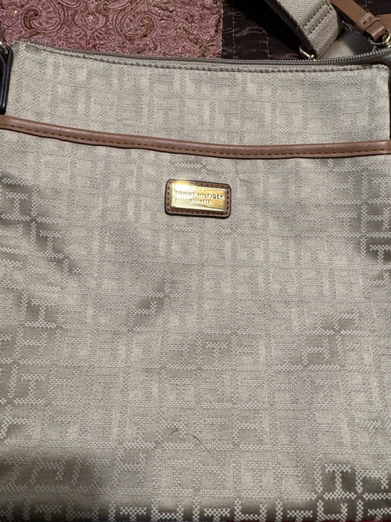 Tommy Hilfiger Handbags - Tommy Hilfiger Beige Jacquard Messenger Bag with Brown Trim